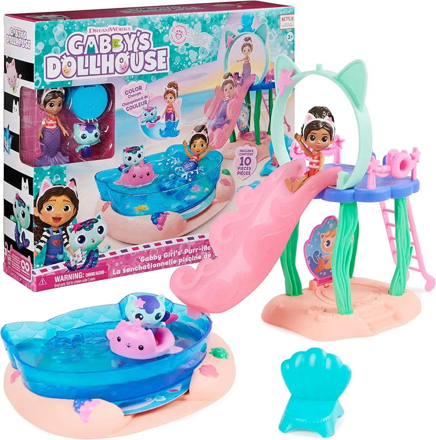 Gabby's Dollhouse, Purr-ific Pool Playset with Gabby and Mercat Figures, Colour-Changing Mermaid Tails and Pool Accessories Kids’ Toys for Ages 3 and Up