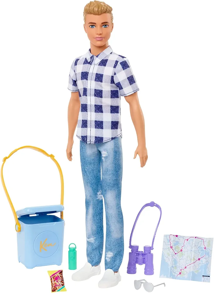 Barbie Doll & Accessories, It Takes Two Camping Set with Cooler, Map & More, Blonde Ken Doll with Blue Eyes in Plaid Shirt