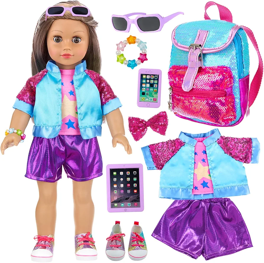 10 Pcs American 18 Inch Doll Accessories, 3-piece 18 Inch Doll Clothes Set with Doll Shoes, Hair Clip, Gradient Backpack, Bracelet, Sunglasses, Notebooks, Toy Tablet, Phone - Best Gift for Kids