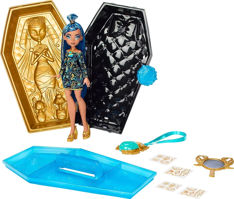 Monster High Doll & Accessories, Cleo De Nile Golden Glam Case Beauty Kit with Tattoos, Stickers & Necklace for Kids