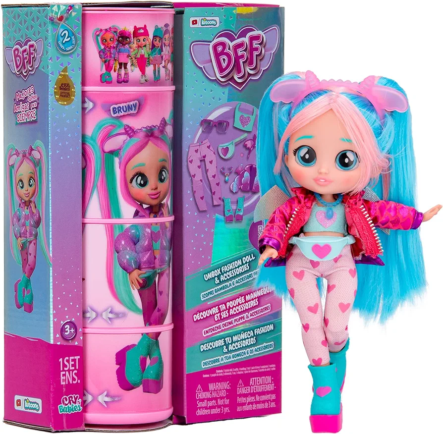 Cry Babies BFF Bruny Fashion Doll with 9+ Surprises Including Outfit and Accessories for Fashion Toy, Girls and Boys Ages 4 and Up, 7.8 Inch Doll, Multicolor