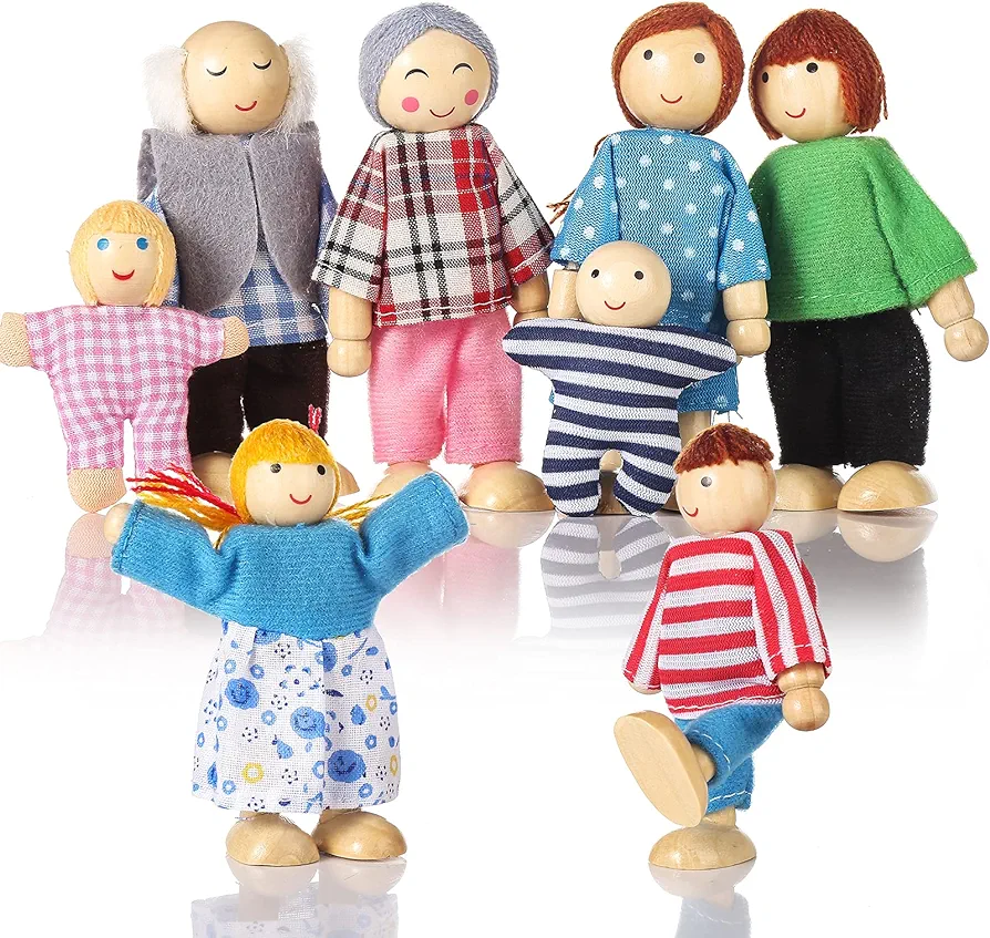 Wooden Doll House People of 8 Figures, Dolls Family Set for Girls Toddler Kids Dollhouse Accessories Toy