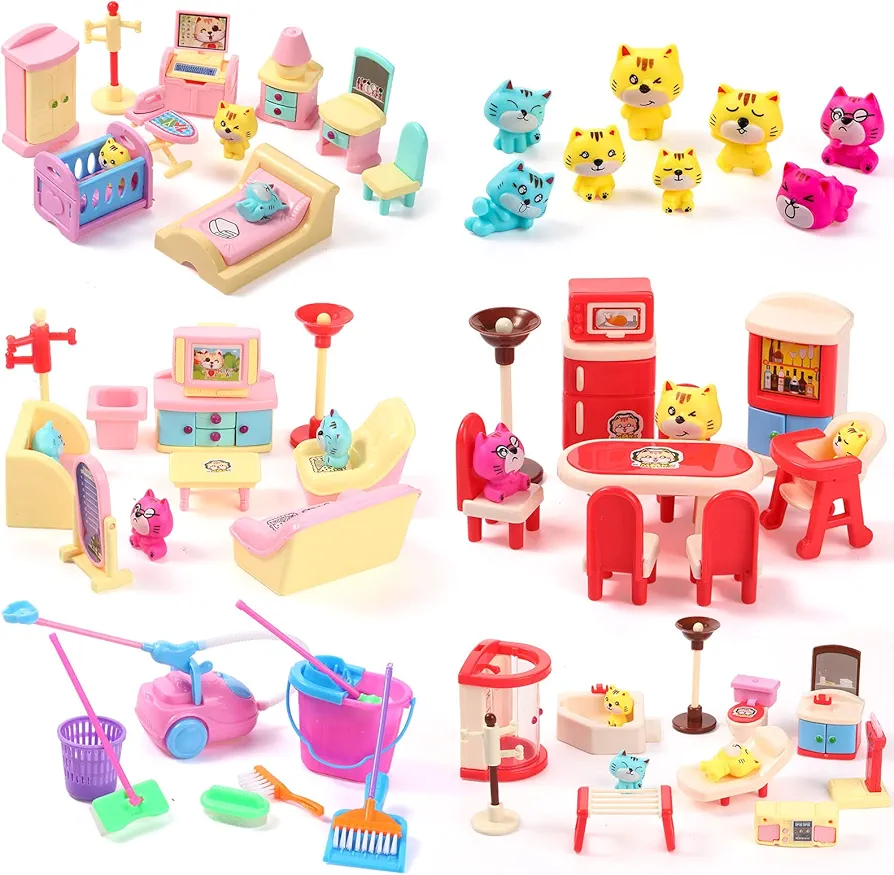 59 Pcs Dollhouse Furniture Accessories Sets Living Room Dining Room Bedroom Bathroom Miniature Doll House Furniture Plastic Pretend Doll Housework Cleaning Furniture Play Toy Gifts for Boy Girl Age 6+