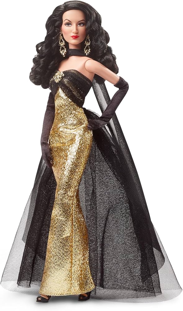 Barbie Tribute Collection Doll, María Félix in Elegant Glimmering Gold & Black Gown with Ornate Jewelry, Collectible with Doll Stand