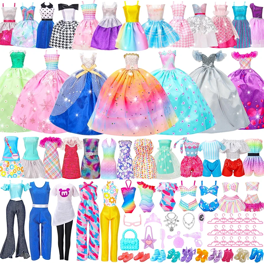 52 Pcs Doll Clothes and Accessories,2 Wedding Gowns 6 Fashion Dresses 2 Set Casual Outfits Top and Pant 2 Swimsuit,20 Hanger 10 Shoe 10 Accessories Toys for Girls Kids Birthday Gift