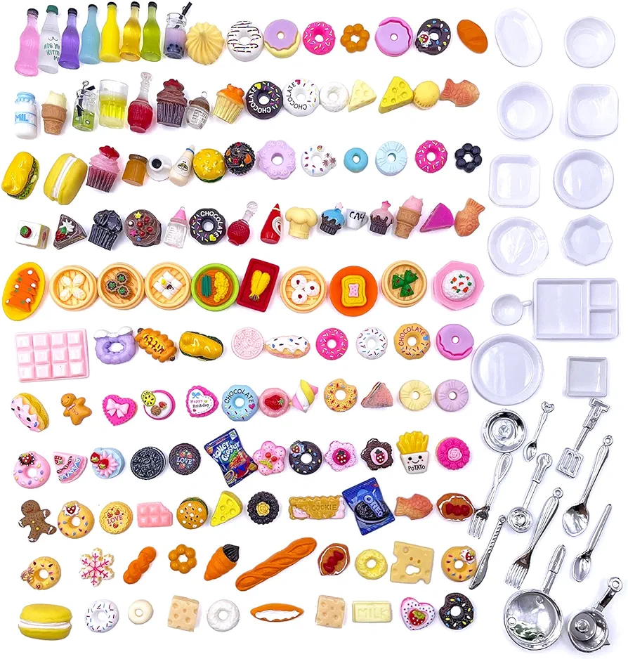 150Pcs Miniature Food Drink Bottles Adults Dollhouse Soda Pop Cans Pretend Play Kitchen Cooking Game Party Accessories Toys Hamburger Cake Ice Cream Pizza Bread Tableware Doll House Landscape