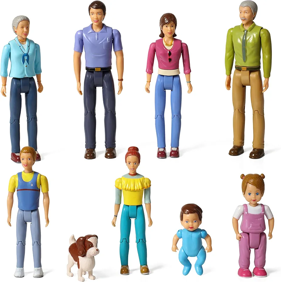 Beverly Hills Doll Collection Sweet Lil Family Friends Figures - New Addition Set of 9 Dollhouse People - Grandma, Grandpa, Mom, Dad, Sister, Brother, Toddler, Baby and Dog