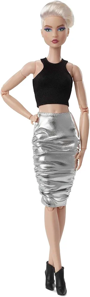 Barbie Signature Looks Doll (Original, Blonde Pixie Cut) Fully Posable Fashion Doll Wearing Black Crop Top & Metallic Skirt, Gift for Collectors