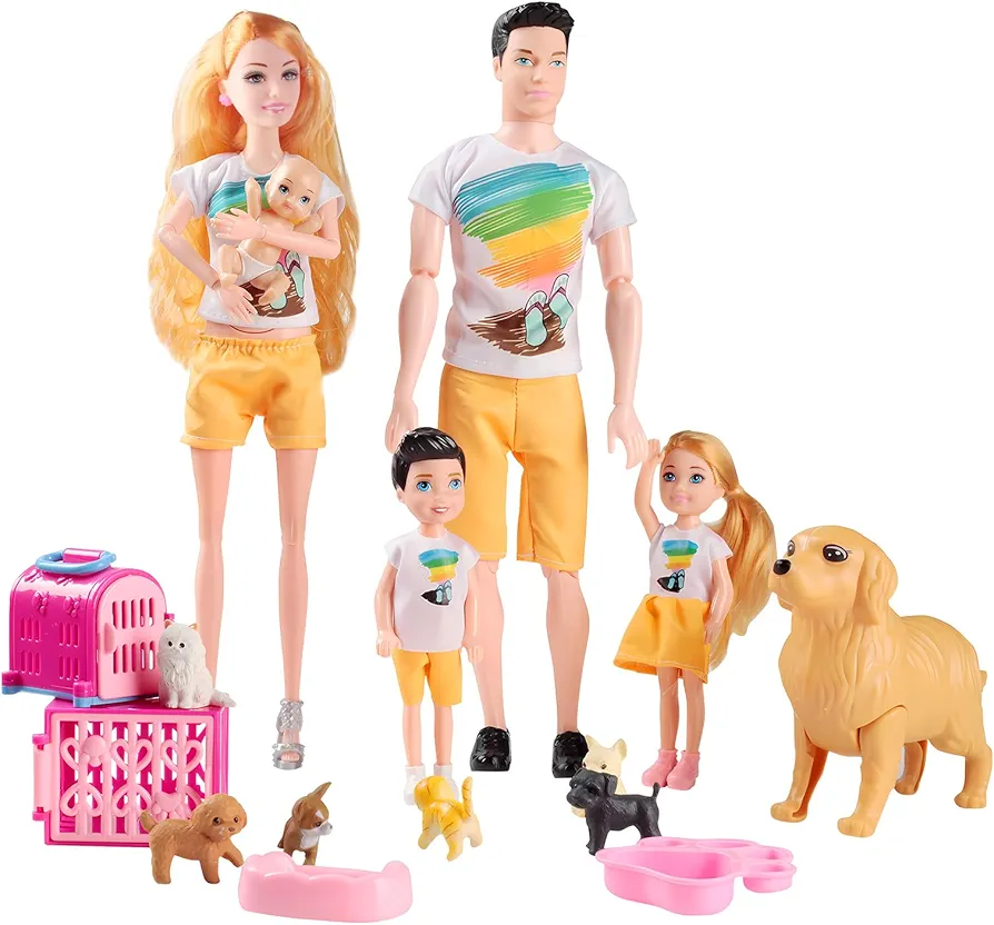 Family Dolls Set of 6 People with Dollhouse Pets Included Pregnant Mom Dad 3 Kids and Baby Boy in Mommy's Tummy, Doll Playsets and Accessories for 3-12 Years Old Toddlers Gift