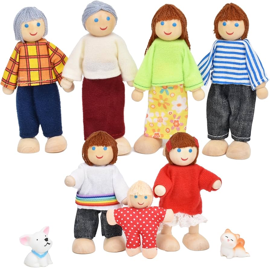 Wooden Doll House People of 7 Miniature Figures and 2 Pets, Dollhouse Dolls Family Set Accessories for Girls Toddler Kids Pretend Play and Imaginative Fun