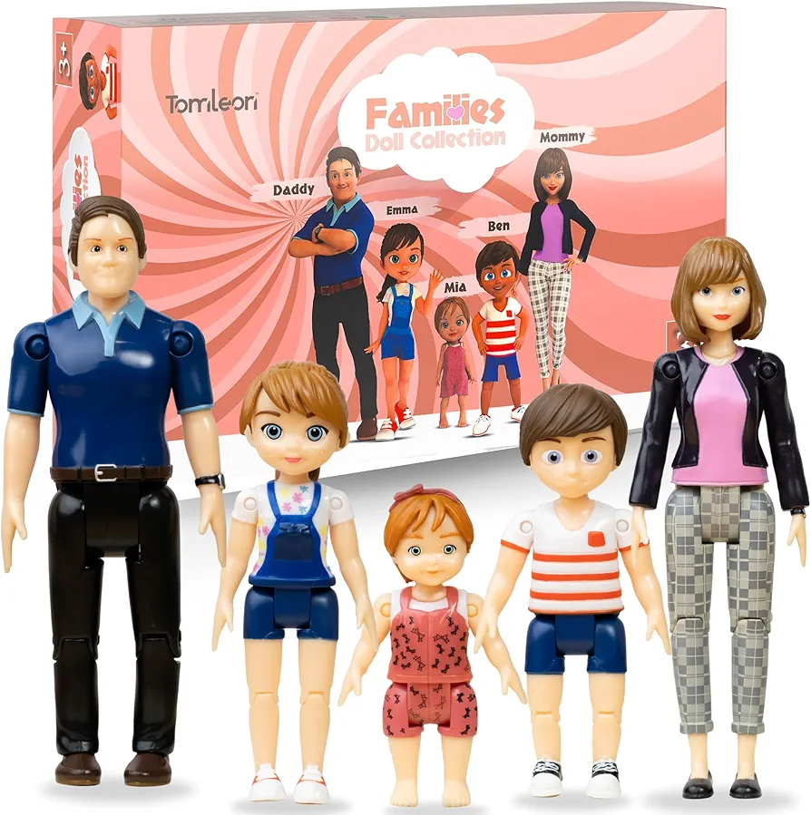 Family Dollhouse People - Doll House People Figures - 5 Poseable Action Figures Incl. Mom, Dad, Sister, Brother, Toddler - Small Dolls for Dollhouse - Dollhouse Dolls - Dolls for Dollhouse