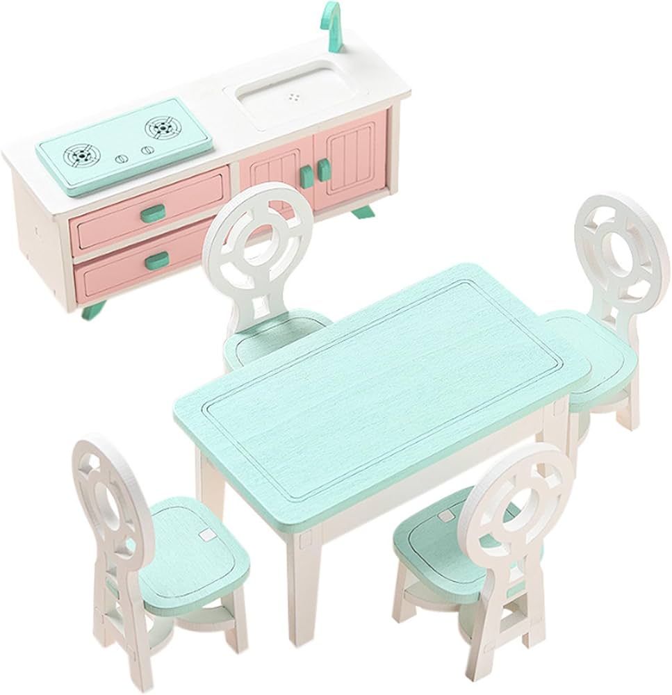 Wooden Doll House Dinning Room Set, Doll House Kitchen Furniture Wood, Miniature Dollhouse Kitchen Toys, Doll House Accessories and Furniture for Kids (Dinning Room)