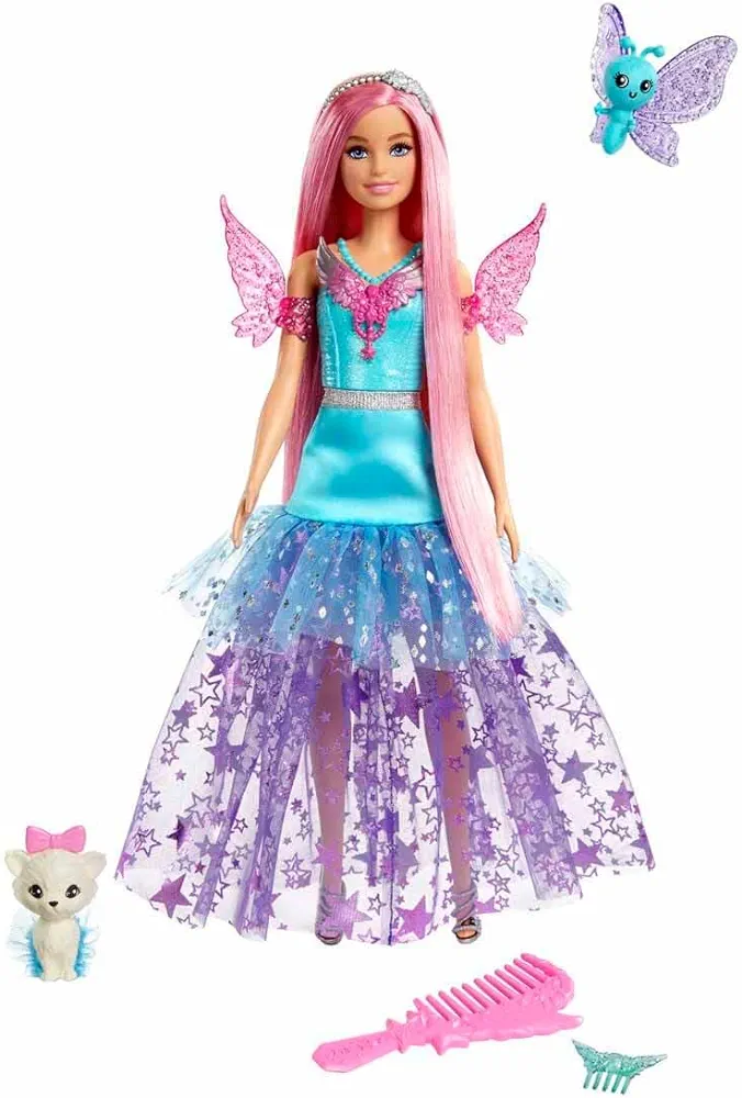 Barbie A Touch of Magic Fashion Doll, Malibu with Wing-Detailed Dress, 7-inch Long Colorful Hair, 2 Fantasy Pets & Accessories