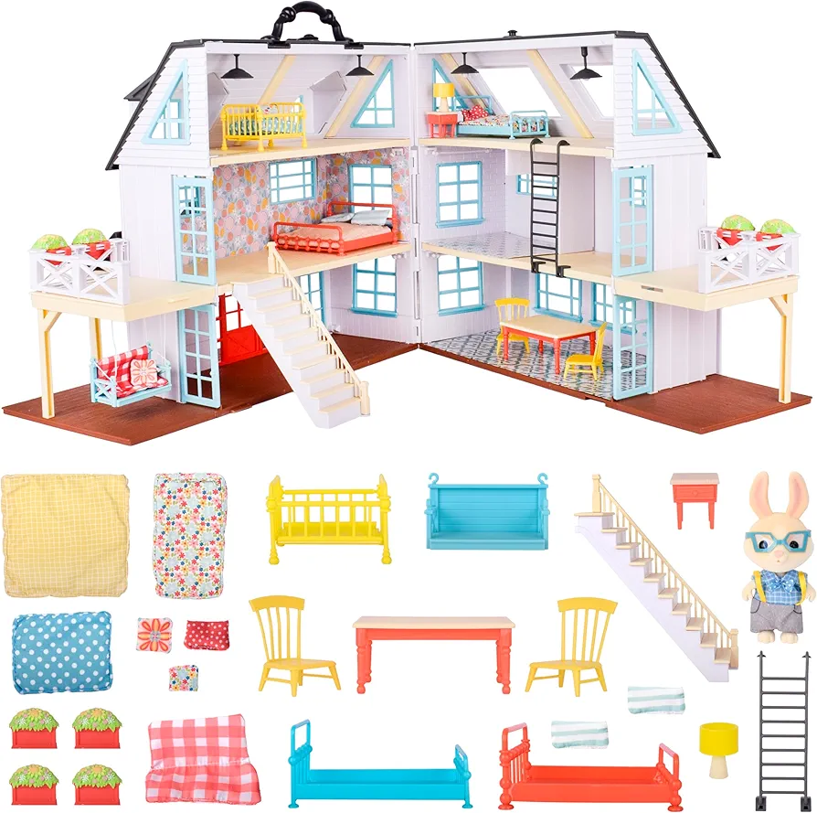 Honey Bee Acres Buzzby Farmhouse, Dollhouse Playset with Miniature Doll Figure, Furniture and Accessories. 66 Pieces, Ages 3+