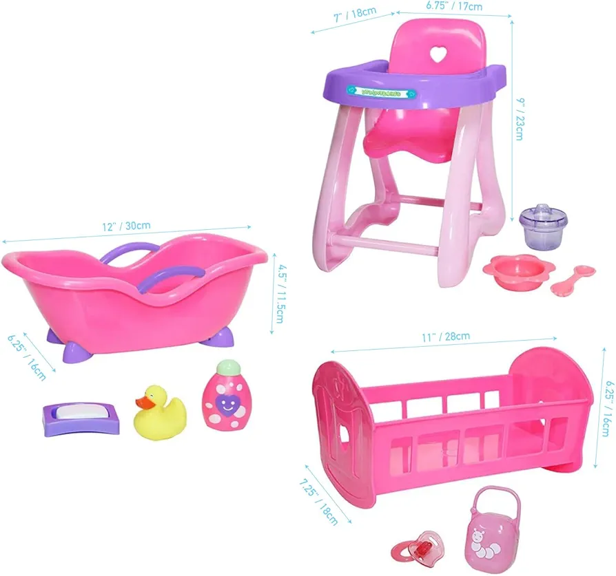 JC Toys Deluxe Doll Accessory Bundle | High Chair, Crib, Bath and Extra Accessories for Dolls up to 11" | Fits 11" La Baby & Other Similar Sized Dolls, Pink (81453)