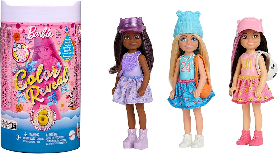 Barbie Chelsea Color Reveal Small Doll & Accessories, Sporty Series with Color-Change Hair Streak (Styles May Vary)