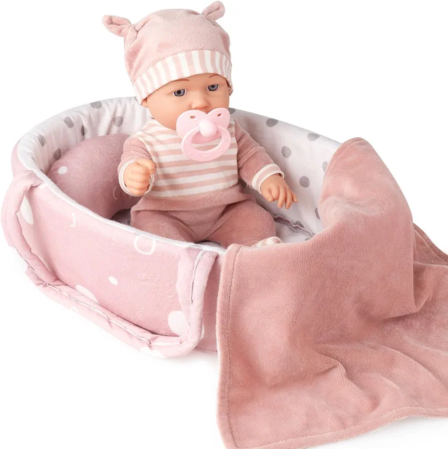 12'' Baby Doll Playset with Washable Doll Accessories includes Carrier Bassinet Bed, Pacifier, Blanket, and Pillow, First Baby Dolls for Toddlers 36 Months and Up