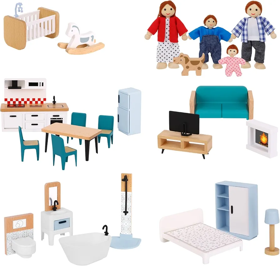 Wooden Dollhouse Furniture Set for Kids, 26 Pcs Dollhouse Accessories with 4 Family Dolls and Dog, Miniature Doll House Furniture Toys Pretend Play set for G irls Boys Age 3+