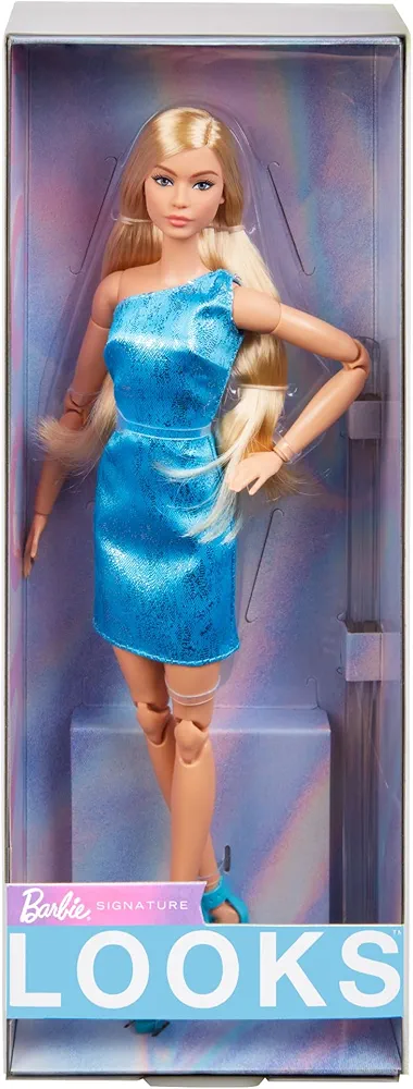 Barbie Looks Doll, Collectible No. 23 with Ash Blonde Hair & Modern Y2K Fashion, Metallic Blue One-Shoulder Dress with Strappy Heels