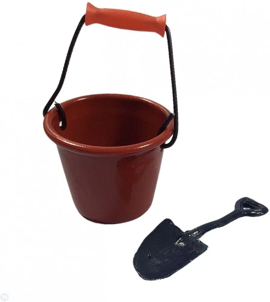 Melody Jane Dolls Houses Dollhouse Red Tin Bucket & Shovel Spade Miniature Garden Kitchen Accessory