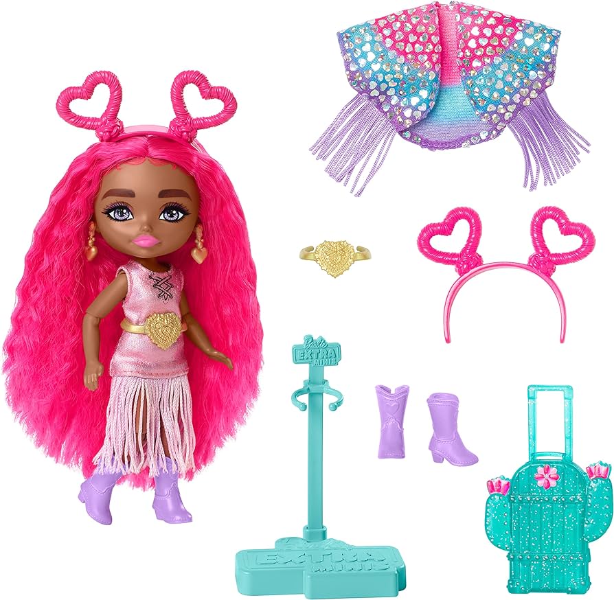 Barbie Extra Fly Minis Travel Doll, Desert Festival Look with Magenta Hair in Fringe Jacket & Fringe Dress & Accessories