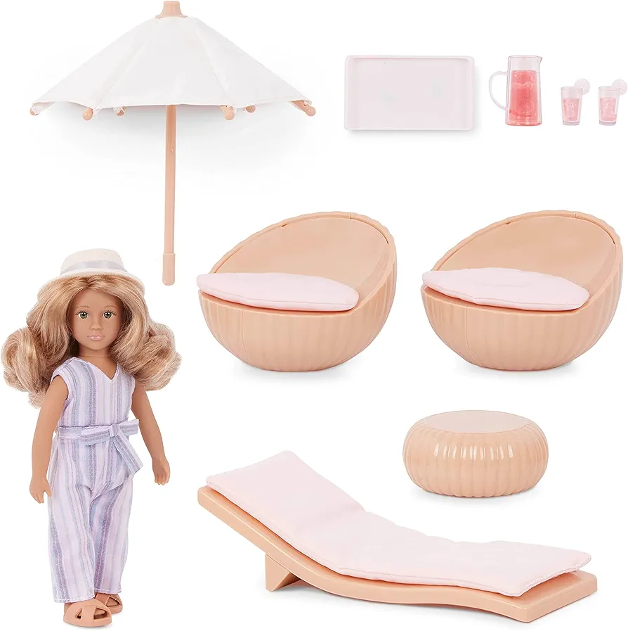 Lori Dolls – Marina's Terrace Set– Mini Doll & Toy Terrace Furniture – 6-inch Doll & Dollhouse Accessories – Chairs, Table, Umbrella, Lemonade – Play Set for Kids – 3 Years +