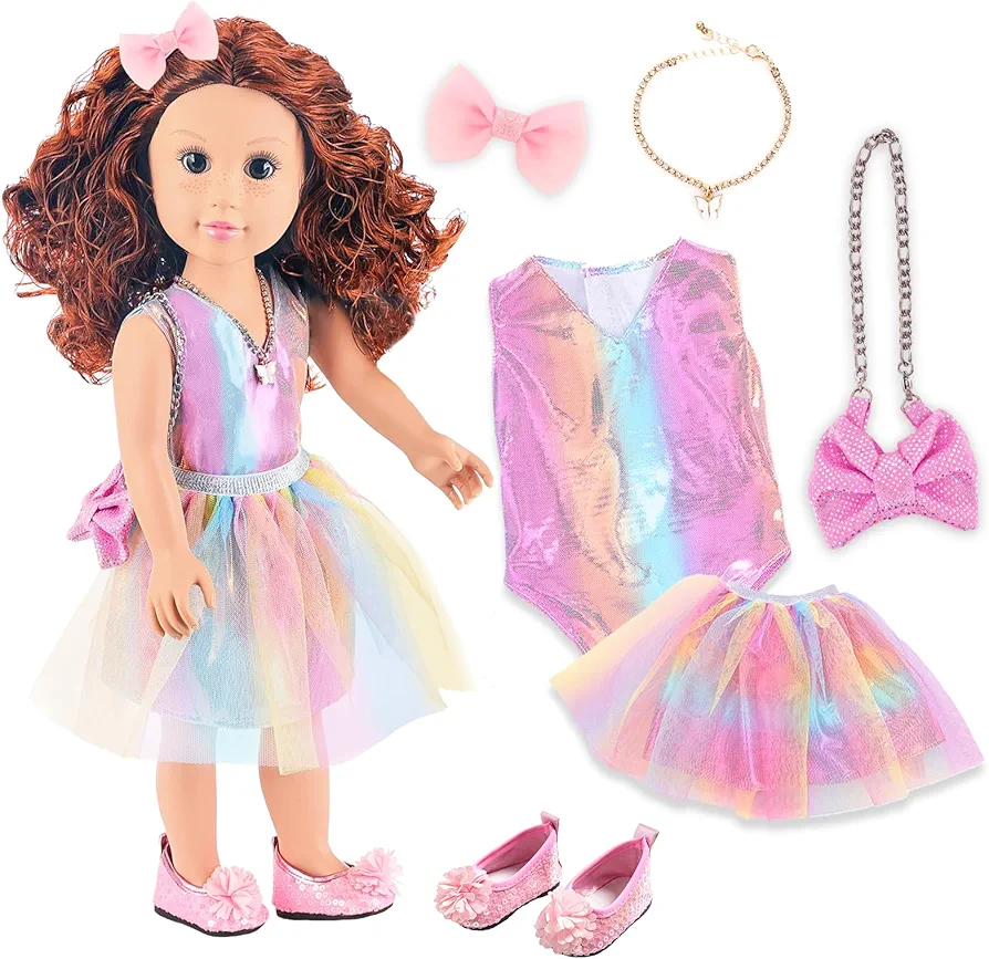 ZITA ELEMENT 18 Inch American Doll with Doll Clothes and Accessories Including 18 Inch Doll Rainbow Dress Bow Bag Shoes Hairpin Necklace for Kids