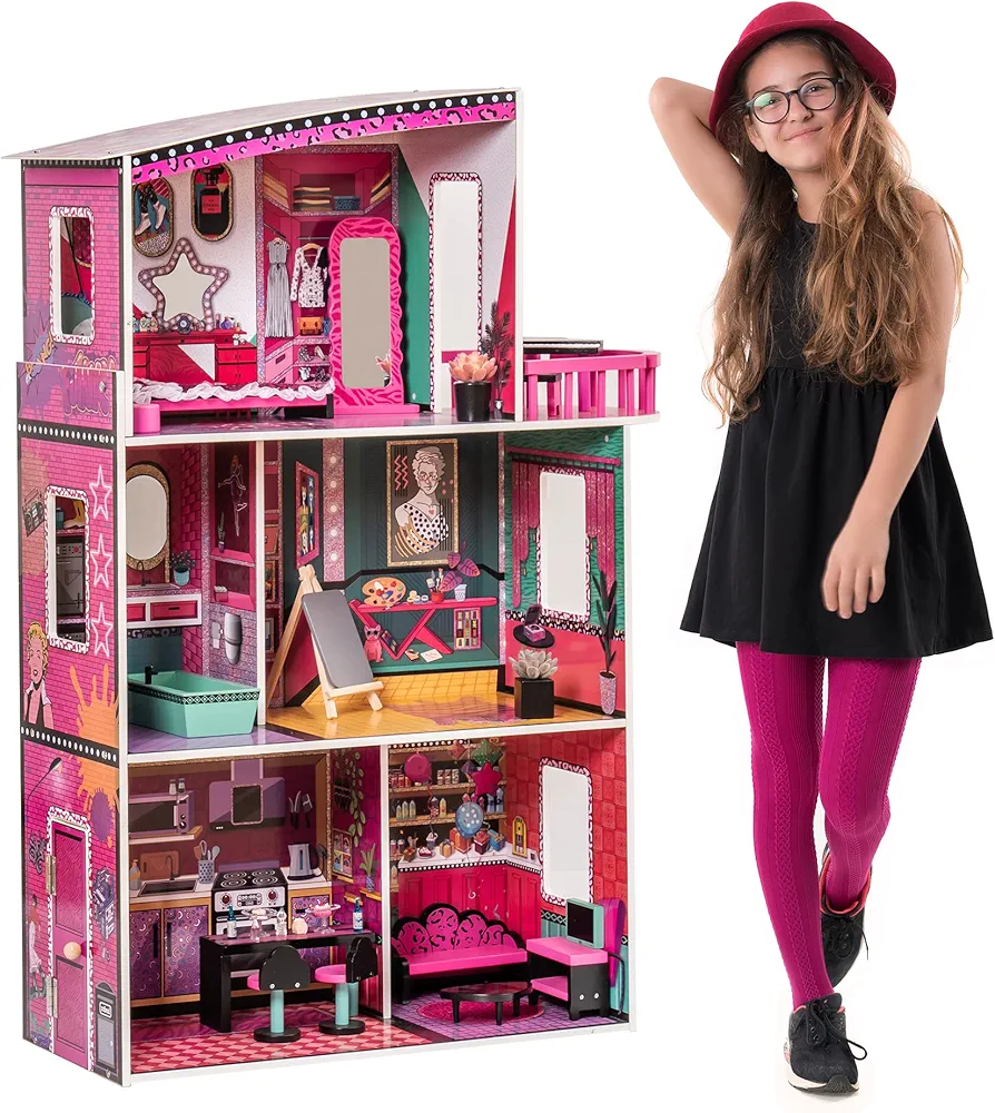 ROBOTIME Doll House, Wooden Dollhouse Large (43.3" Tall) with Dollhouse Furniture, Gifts for 3+ Year Old, Pink