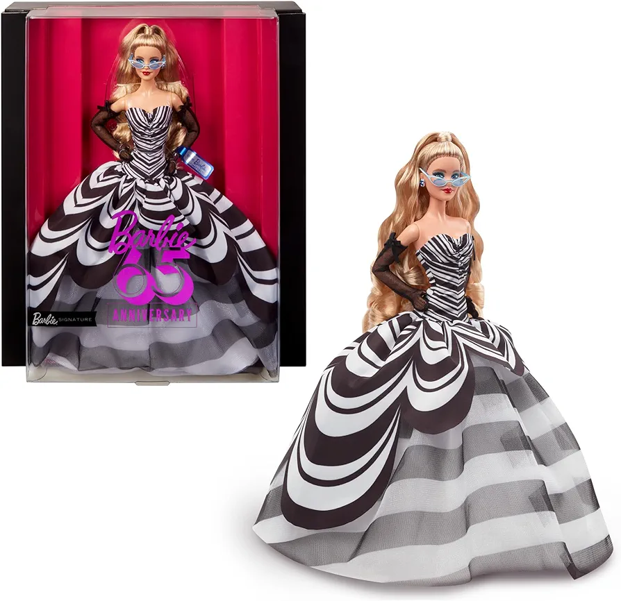 Barbie Signature Doll, 65th Anniversary Collectible with Blonde Hair, Black & White Gown, Sapphire Gem Earrings & Sunglasses