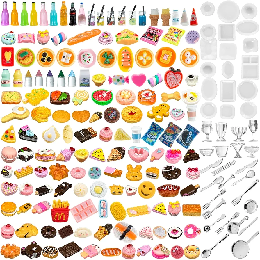 200Pcs Dollhouse Miniature Food Drinks Bottle Cooking Toys Kitchen Accessories Mini Play Fake Resin Pretend Game Party Tableware Bread Cake Ice Cream 1/12 Doll House Landscape