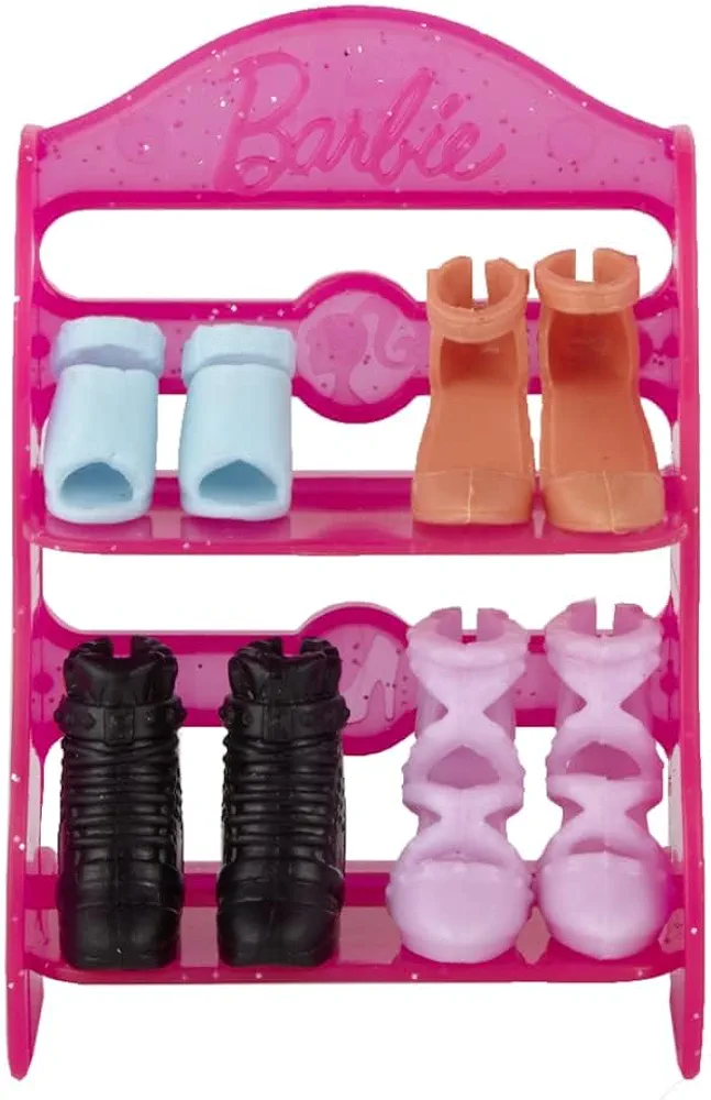 Barbie Doll Shoe Pack - GVY23 ~ Includes 4 Pairs of Doll Shoes with Shoerack - Blue, Orange and Purple Heels with Black Boots