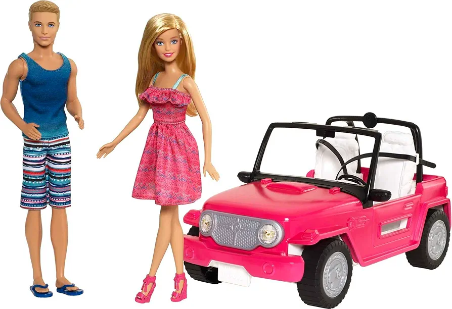 Barbie Car Beach Cruiser with Barbie Doll in Sundress & Ken Doll in Beach Outfit, Pink 2-Seater Open Toy Car (Amazon Exclusive)