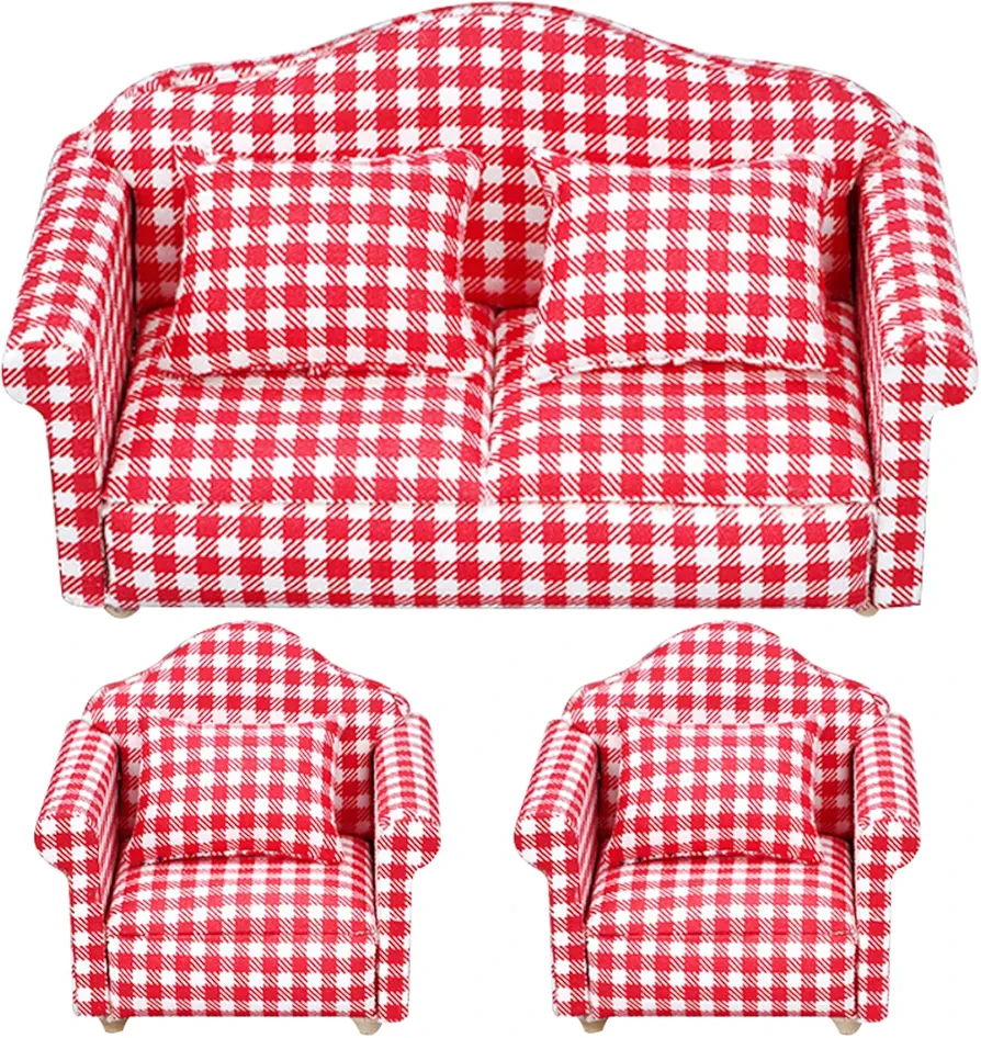 Dollhouse Couch with Pillow 3Pcs Mini Dollhouse Sofa 1 12 Scale Dollhouse Furniture and Accessories Toys for Dollhouse Living Room Arm Chairs Red Plaid Style