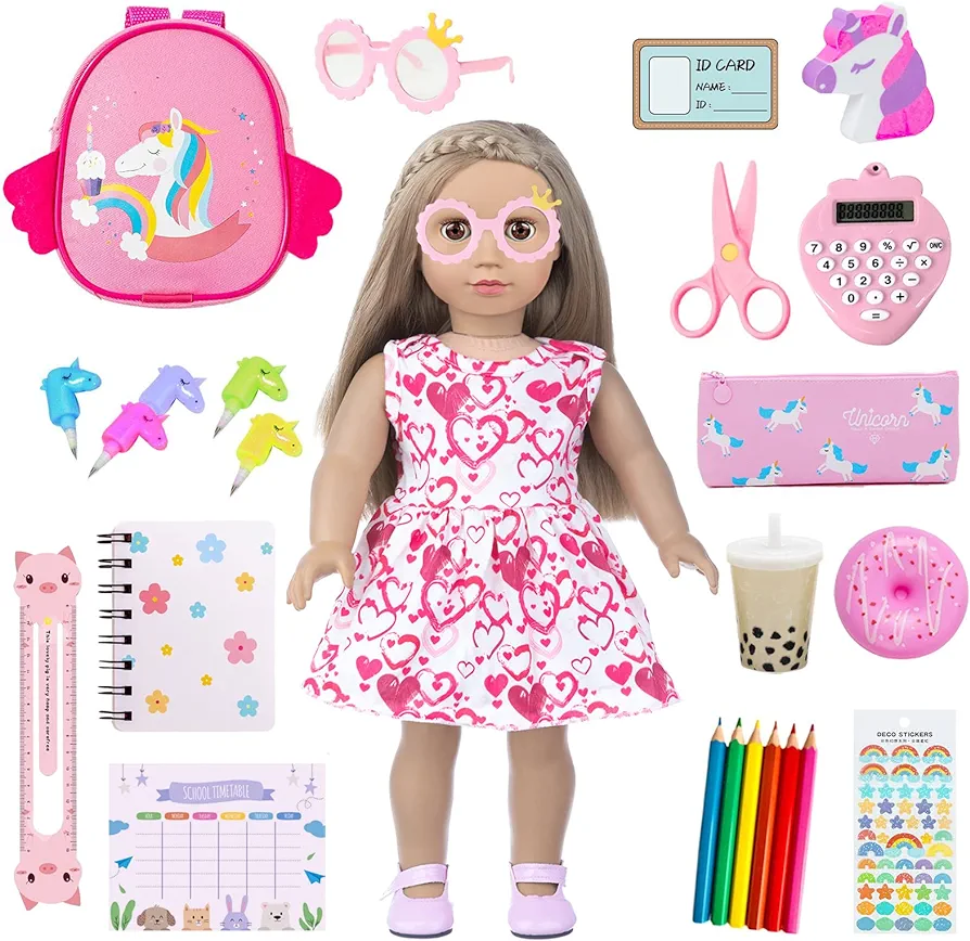 Doll Clothes and Accessories School Supplies Playset for 18 Inch Girl Doll with Doll Clothes,School Bags, Student Cards, Glasses, Pencils, calculators, Scissors, notebooks, etc