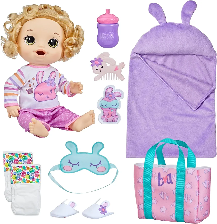 Baby Alive Bunny Sleepover Baby Doll, Bedtime-Themed 12-Inch Dolls, Sleeping Bag & Bunny-Themed Doll Accessories, Toys for 3 Year Old Girls and Boys and Up, Blonde Hair (Amazon Exclusive)