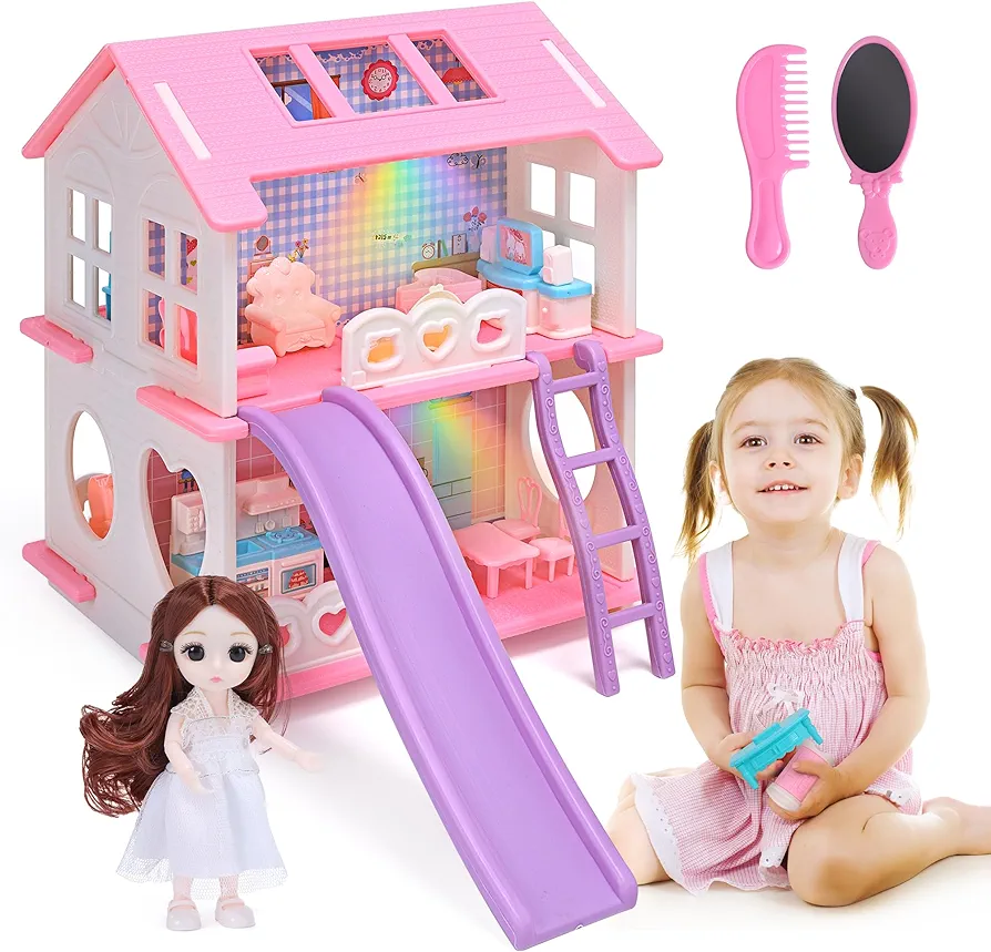 CUTE STONE Doll House, Double-Sided Dollhouse Playset with Light, Doll, Slides and Furniture Accessories, Toddler Doll House, Play Doll Houses for Girls and Kids