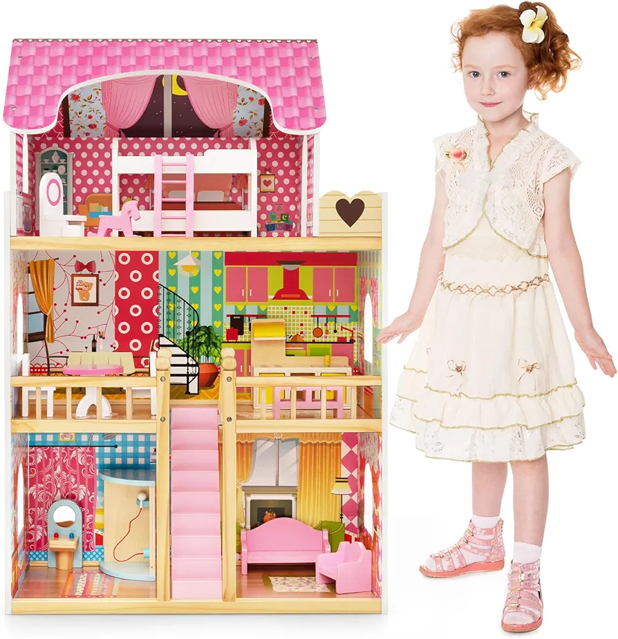 Costzon Dollhouse, Toy Family House with 15 pcs Furniture, Play Accessories, Cottage Uptown Doll House, Doll Playhouse Cottage Set for Toddlers Playroom, Nursery, Gift for Girls & Boys 3+