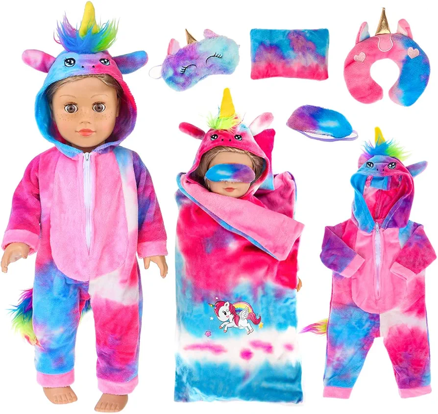 18 inch Doll Clothes 18 Inch Doll Accessories-Unicorn Doll Costume Colorful Tie-Dyed Pajamas Sleeping Bag Set for 18 inch Girl Doll,Most 18 Inch Dolls(No Doll)