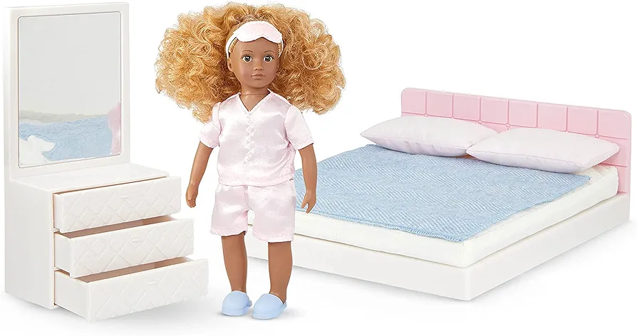 Lori Dolls – Nahla's Sweet Dreams Set – Mini Doll & Toy Bedroom Furniture – 6-inch Doll & Dollhouse Accessories – Bed, Pillows, Blanket, Dresser – Play Set for Kids – 3 Years +