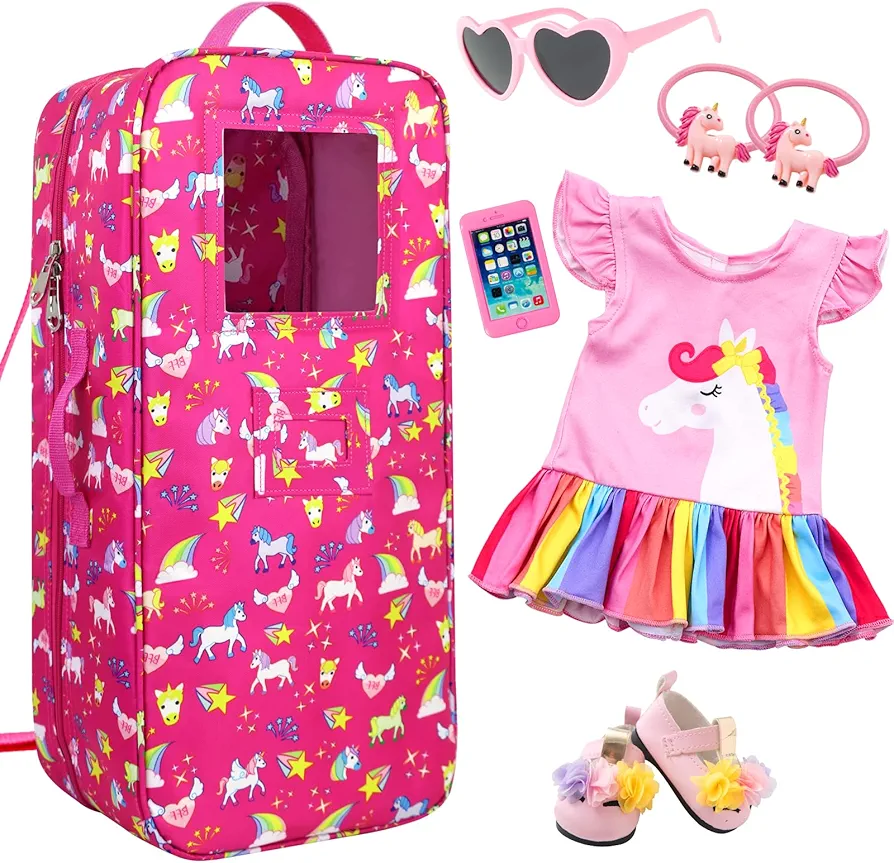 Ecore Fun 7 Items 18 Inch Dolls Bag and Accessories Unicorn Doll Carrier Storage Fit for 18 Inch Girl Dolls Including Doll Case, 18" Doll Clothes, Doll Shoes, Sunglasses, Phone and 2 Hairpin