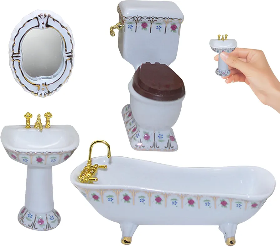 Dollhouse Bathroom Set Included Toilet Bathtub Basin Mirror 1:12 Dolls House Furniture Toys with Floral Pattern for Dolls House Accessories Dollhouse Toilet