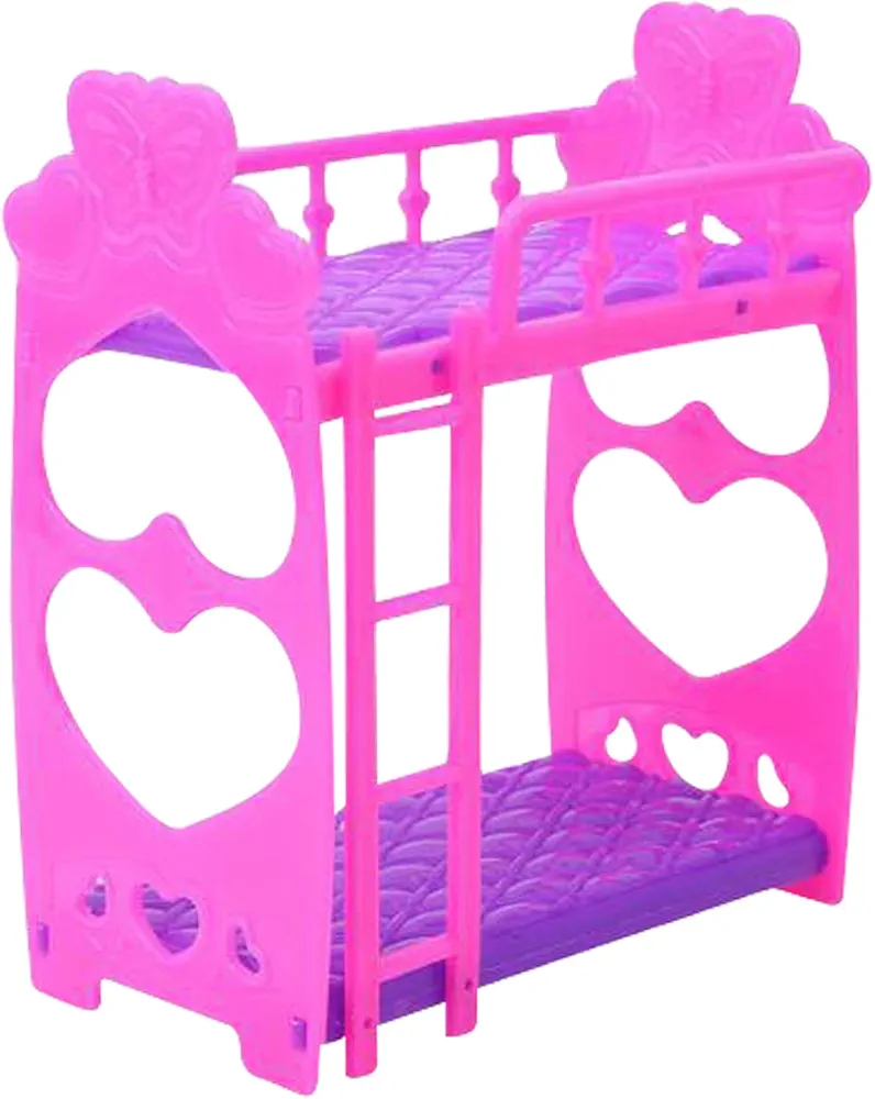 1pc Doll House Furniture Double Bed Frame Plastic Bunk Bed Bedroom Furniture Bed Set for Kelly Dolls Dollhouse Pink and Purple 3.5 Inches