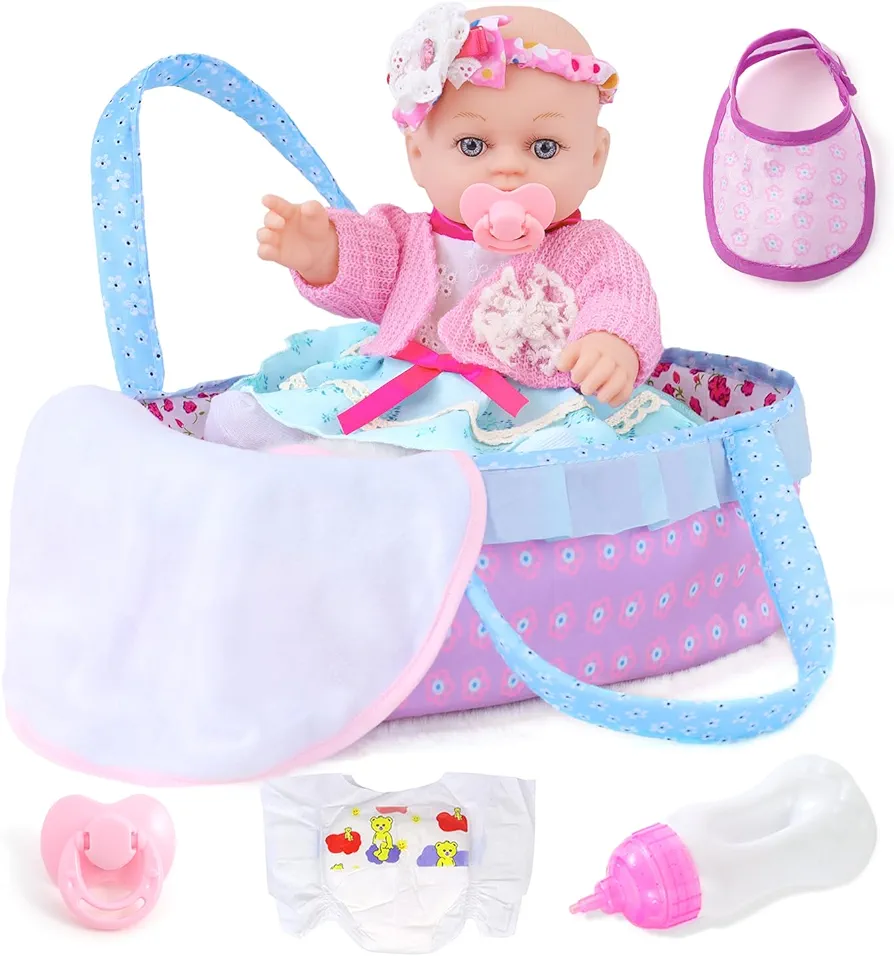 Realistic Baby Dolls 12 Inch Girl Baby Doll with Accessories and Clothes includes Blanket,Carrier Bassinet Bed,Pacifier,Feeding Bottles Newborn Nursery Toys for Toddlers 3 Ages and Up