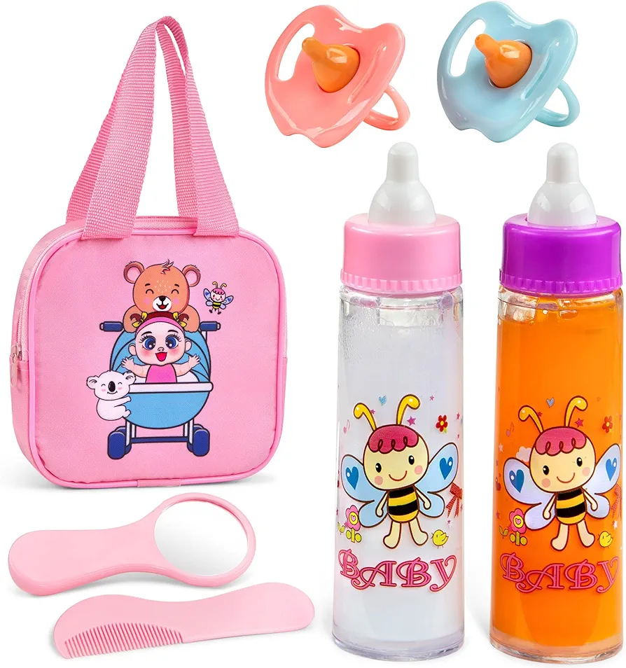 Baby Doll Set – 7 Piece Adorable Baby Doll Accessories with 2 Baby Doll Bottles, 2 Doll Pacifiers, Comb and Mirror – Baby Doll Toys for Kids in a Cute Bag with Handle – Disappearing Baby Doll Bottle