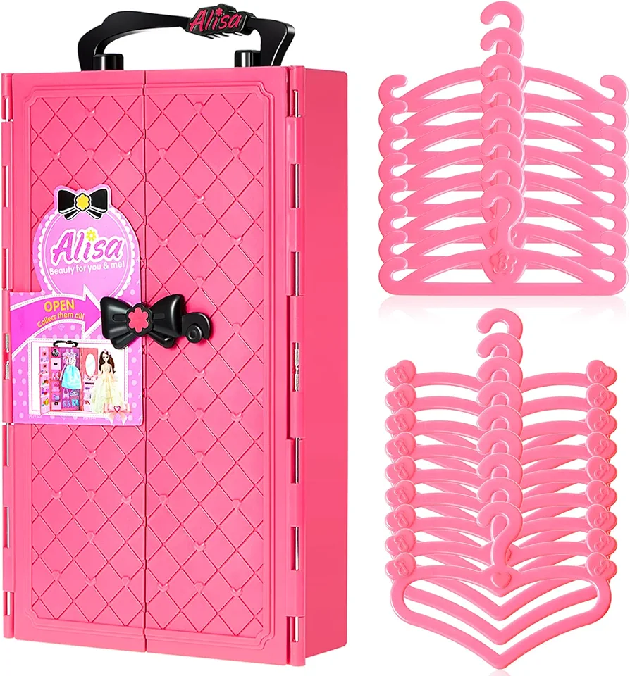 Doll Closet Furniture Wardrobe Clothing Organizer Doll Open Wardrobe Dollhouse Closet with 20 Pieces Doll Hangers 2 Style Pink Plastic Hangers Dollhouse Furniture Accessories (Fresh Style)