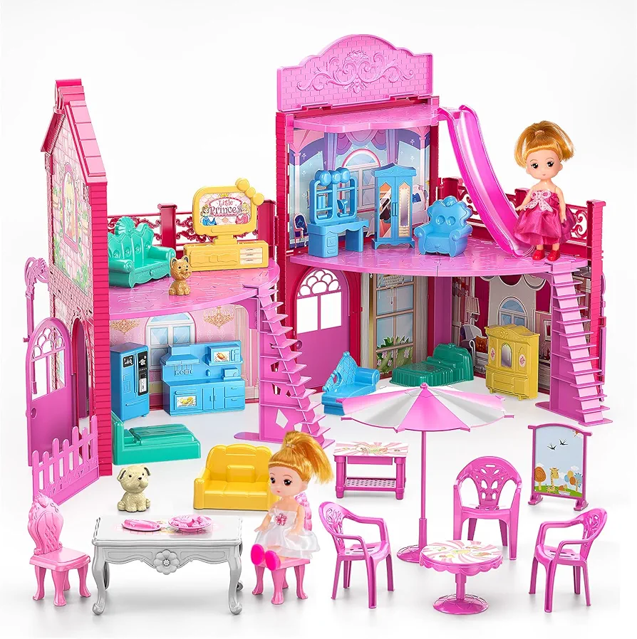 TEMI Doll Home Toy Furniture Pink Girl Toys, Building Toys with 2 Dolls Accessories,Toddler Gift for for 3 4 5 6 7 8 9 10 Year Old Girls Toys