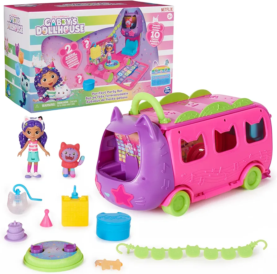 Gabby's Dollhouse Celebration Party Bus, Transforming Playset with Gabby & DJ Catnip Toy Figures & Dollhouse Accessories, Kids Toys for Ages 3 and Up