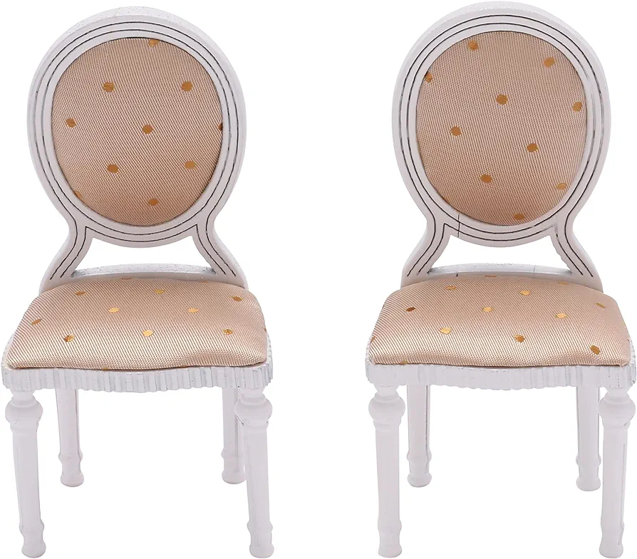 Set of 2 Wooden Dollhouse Dining Chairs, Dolls House Furniture, White, Cream & Gold Fabric, 1/12 scale