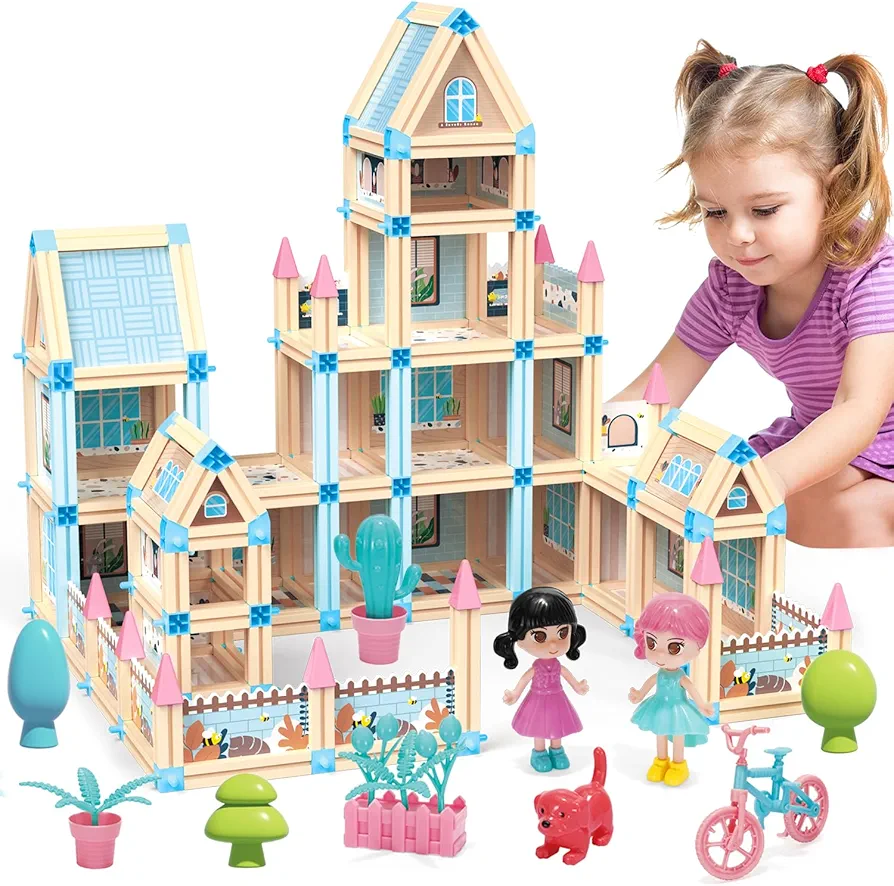 Mostop Doll House for Girls Toddler Toys with Dolls Toy Figure,342 Piece Dream Dollhouse 3D Princess Castle Villa Doll House Building Toys, STEM Montessori DIY Building Blocks Toys with Light