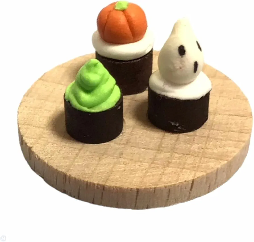 Melody Jane Dolls Houses Dollhouse Halloween Cup Cakes on Board Ghost Pumpkin Monster Treats 1:12 Food